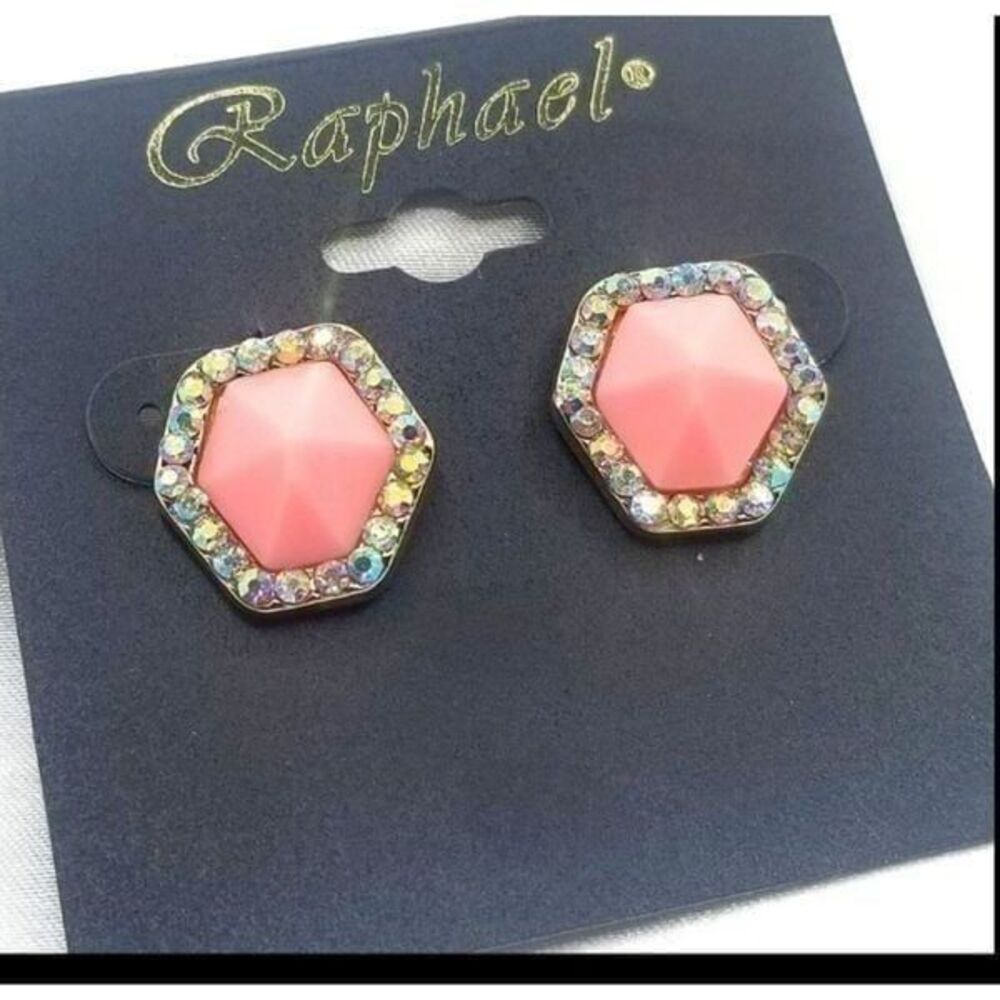 Coral hexagon sparking rhinestone dainty womans stud back earrings.